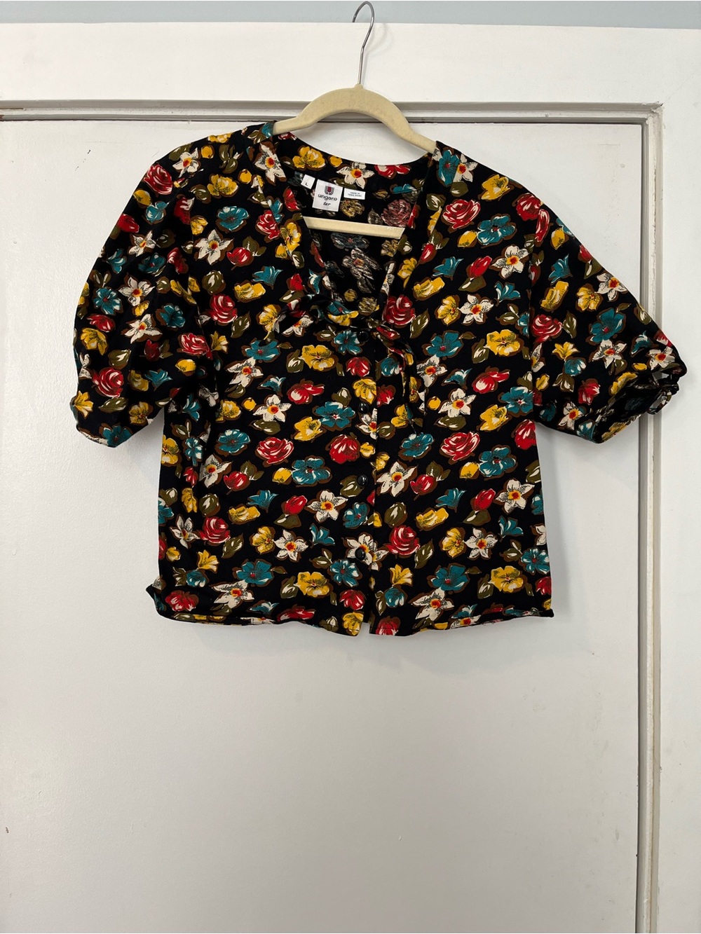 Vintage Ungaro Ter Black Floral Button Tie Blouse red yellow teal blue large
